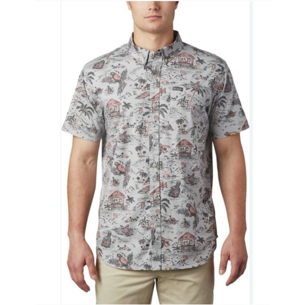 Columbia Rapid Rivers Grey Printed Short Sleeve Shirt Men's Regular Fit 2XL XXL